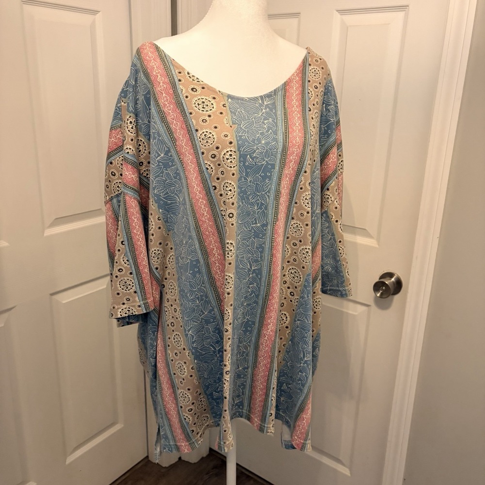 Vtg 90s Jacque & Koko Tunic Blouse 26/28 3X 4X Patchwork Vertical Print Boho EVC